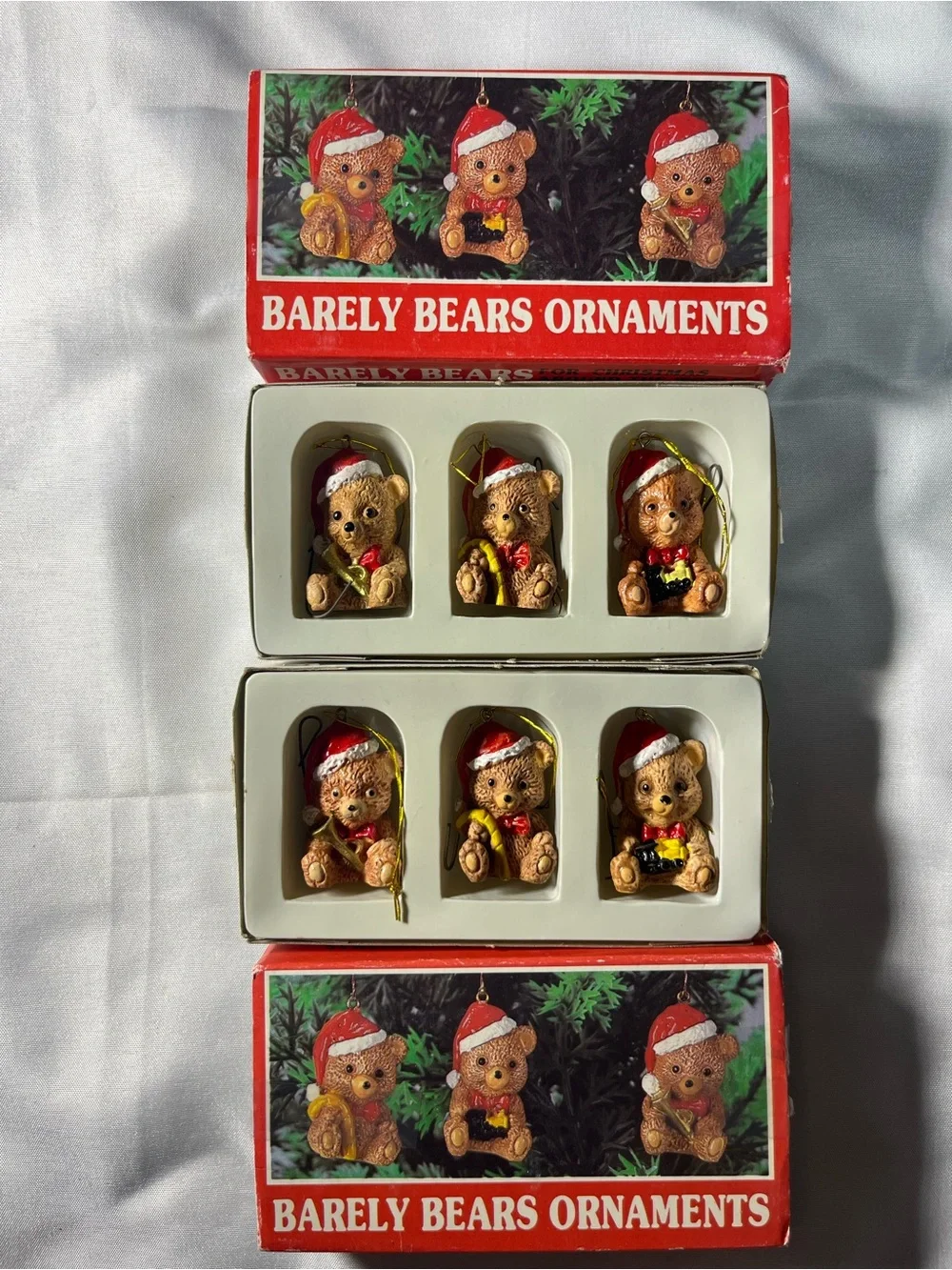Vintage Barely Bears Santa Bear Christmas Ornaments Set of 6 Mini Hand Painted